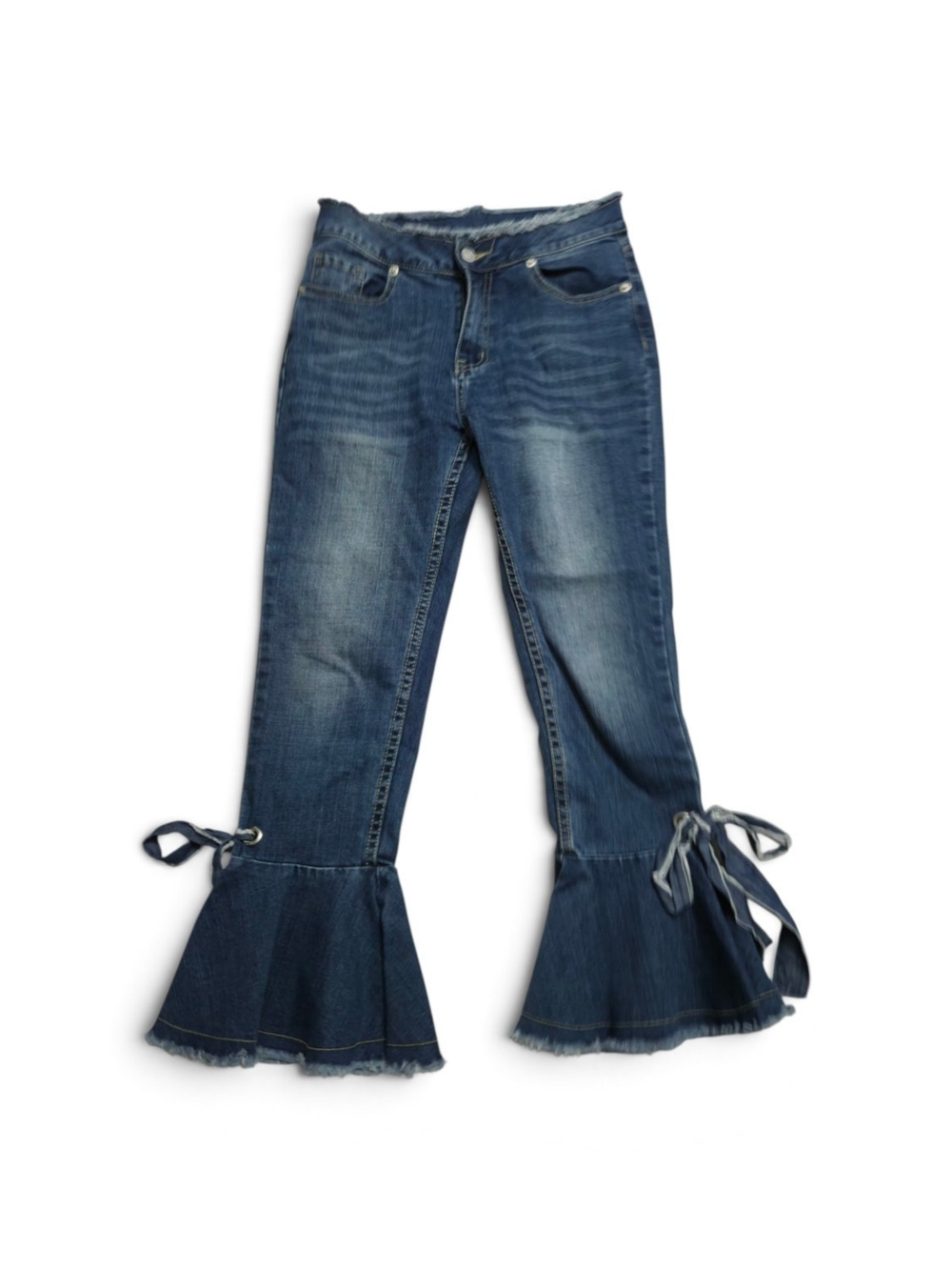 Gianni Bini Delia Frayed Ruffle Hem Tie Bow Cropped Flare Jeans